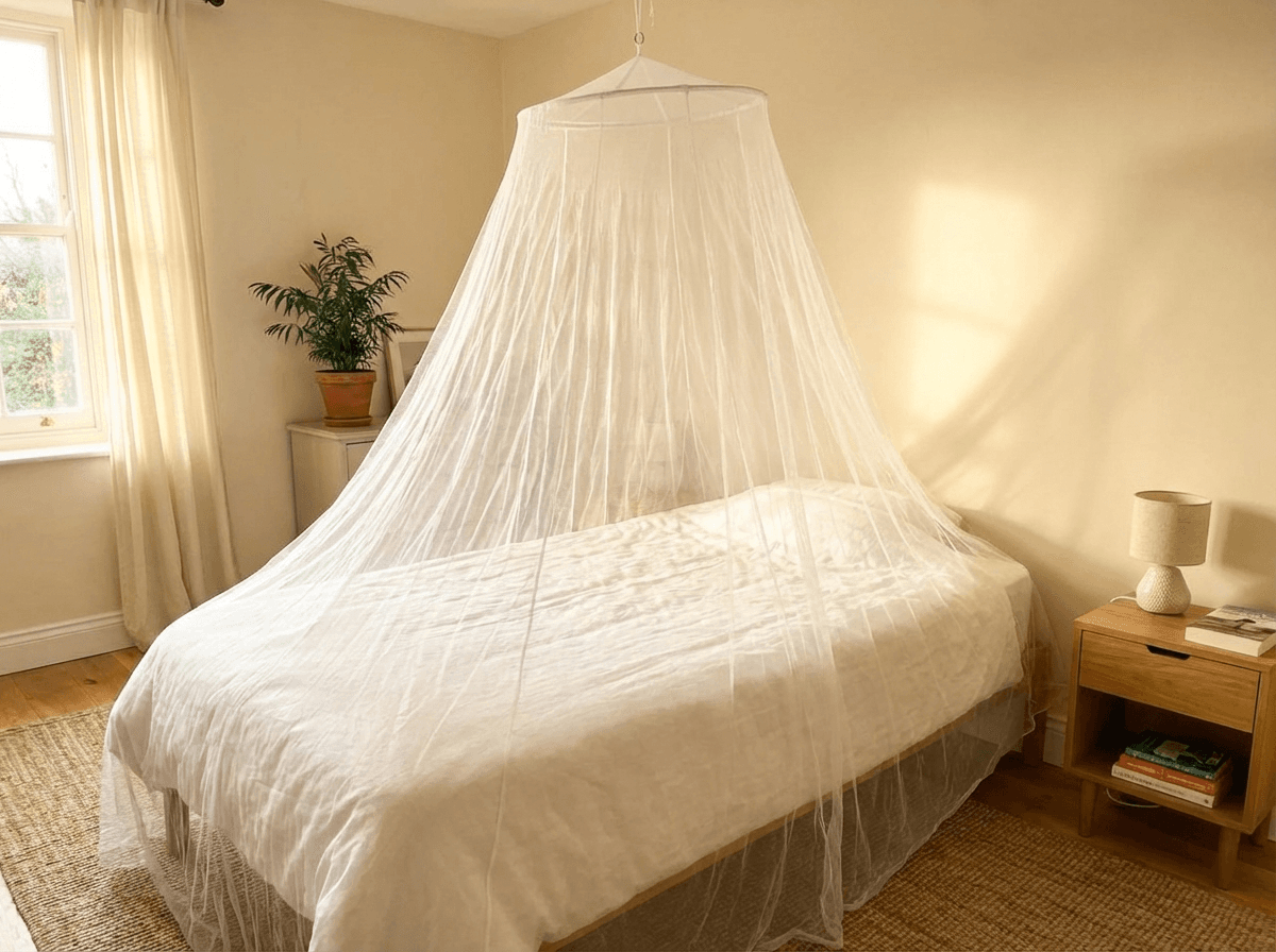 Mosticare Rondo conical mosquito net hung above a queen bed in a rustic European bedroom with exposed wooden beams, linen bedding, and warm afternoon light.