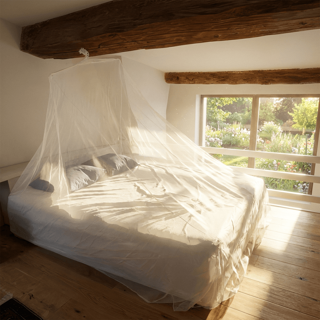 Mosticare Traccia WHO-prequalified single-point travel mosquito net pitched over a guesthouse bed in Southeast Asia.