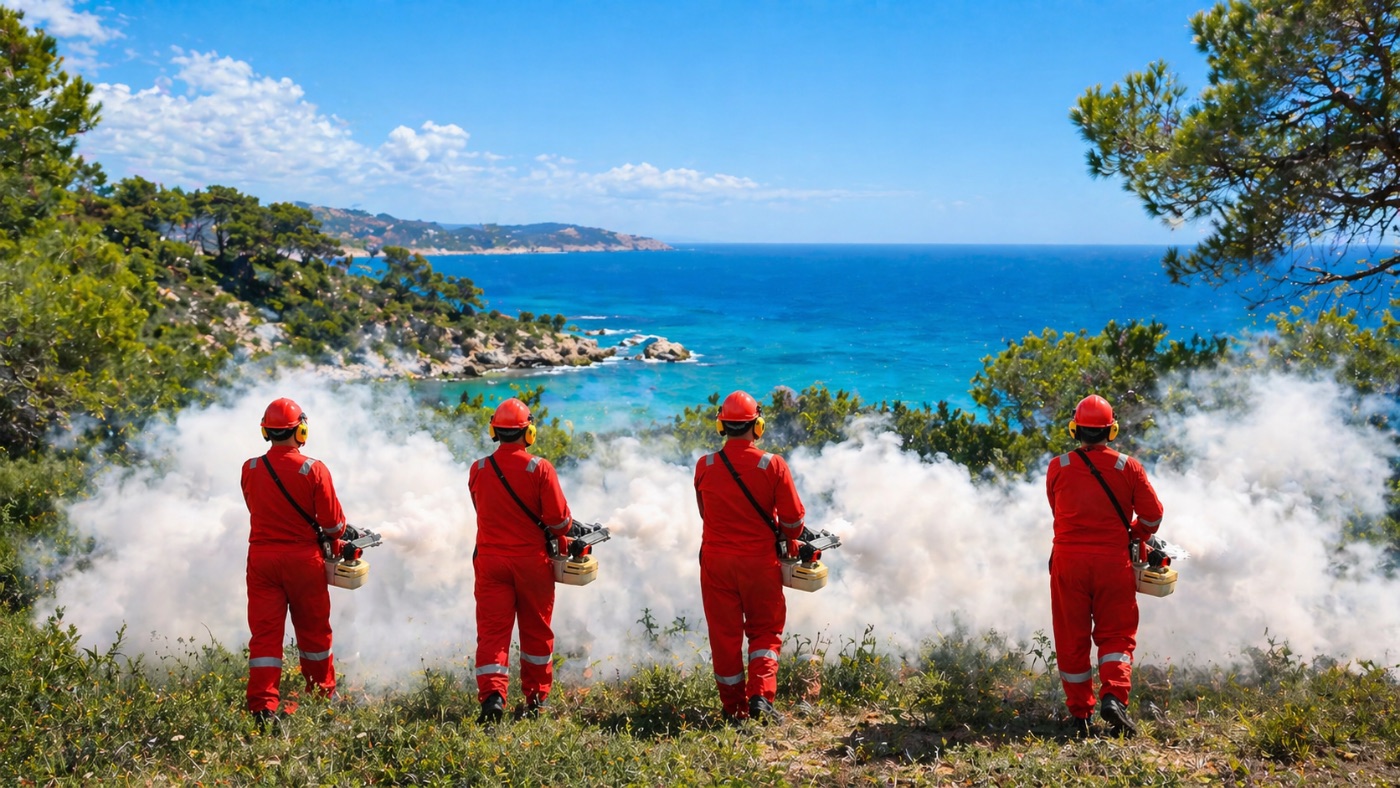 Four pest-control workers in red coveralls releasing thick clouds of insecticide fog from backpack sprayers along a cliffside overlooking the Mediterranean Sea.